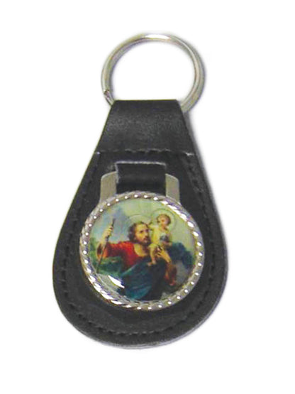 Black leather St Christopher keyring with full-colour devotional medal and silver split ring