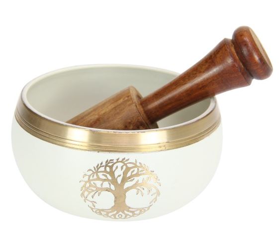 Tree of Life white gold singing bowl sound healing tool for chakra balancing, energy clearing, emotional healing, and spiritual meditation
